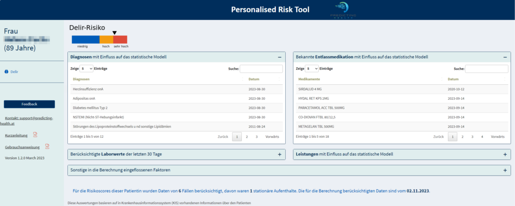 Screenshot Predicting Health Risk Tool